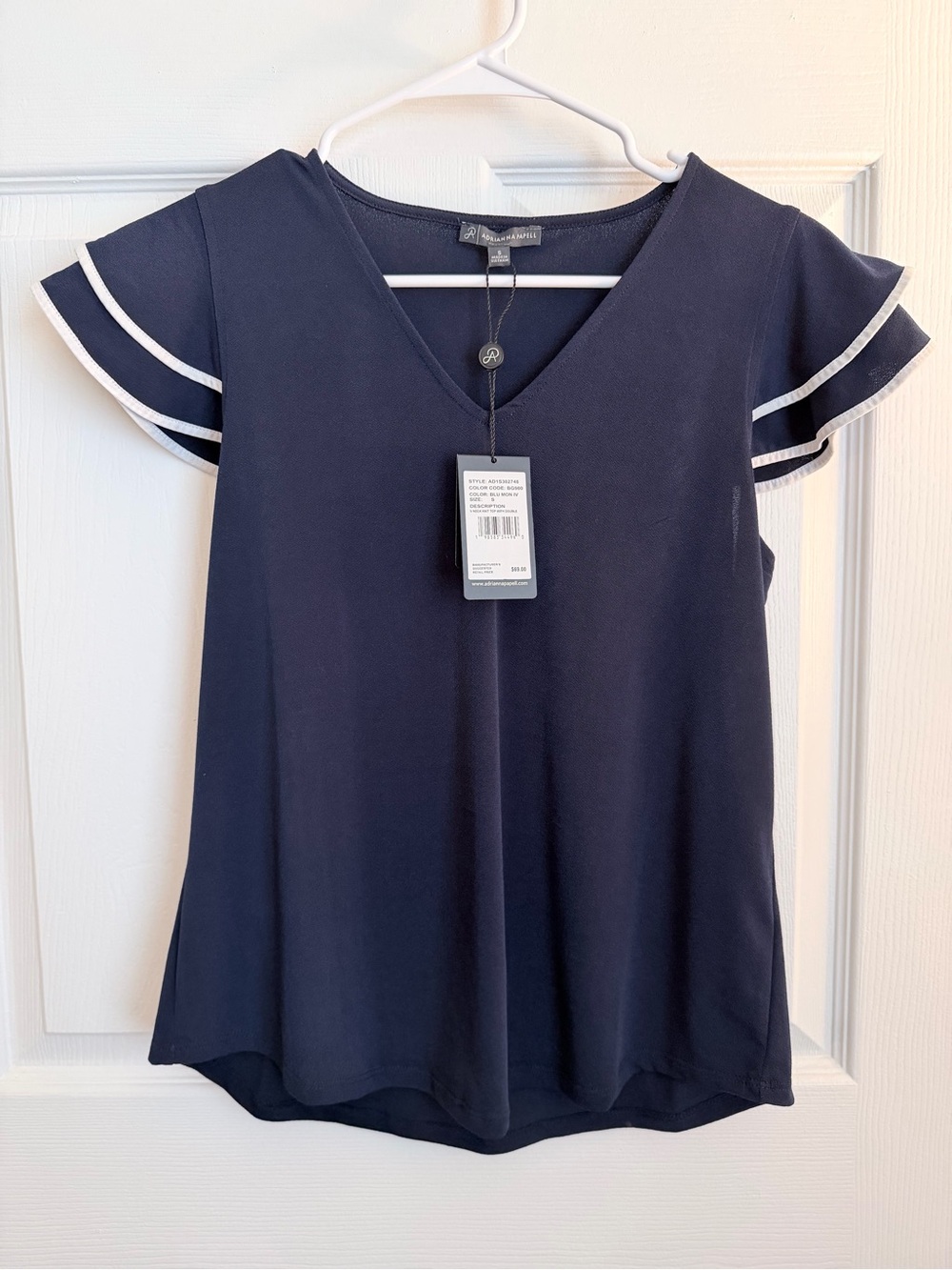 Adrianna Papell Navy Flutter Sleeve V-Neck Top with White Trim